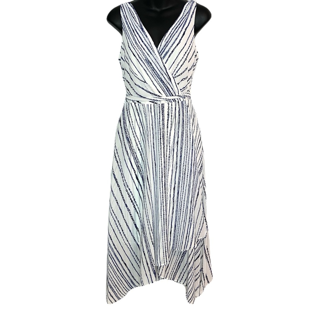 DKNY Striped Faux Wrap Tie Waist Midi Dress in Navy and White